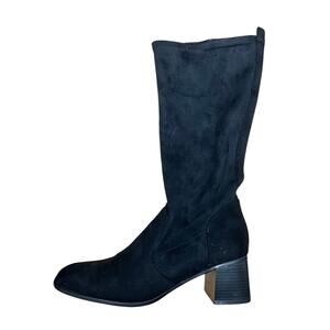 Vintage Black Chunky Heel Suede Feel Fabric Boots Size 8.5 Zip Up 3/4 Leg